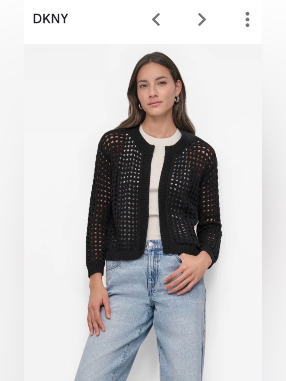 DKNY Black open front crochet cardigan, crop long sleeve size XL